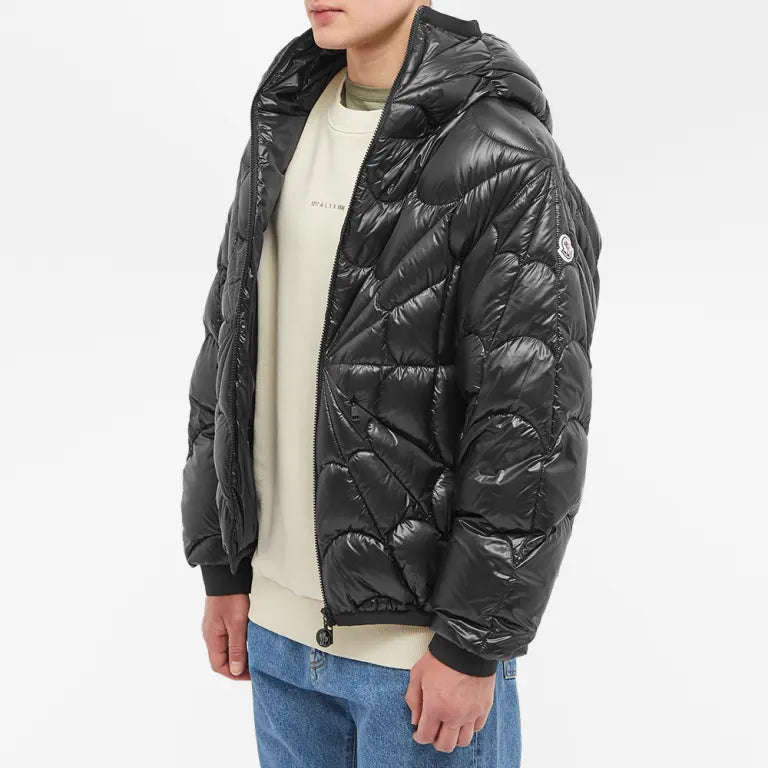 Moncler Black Glossy Hooded Puffer Jacket with Geometric Quilting