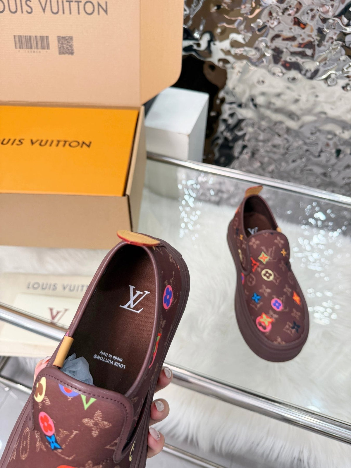 Louis Vuitton Men's Dark Brown Multicolor Motif Slip-On Shoes